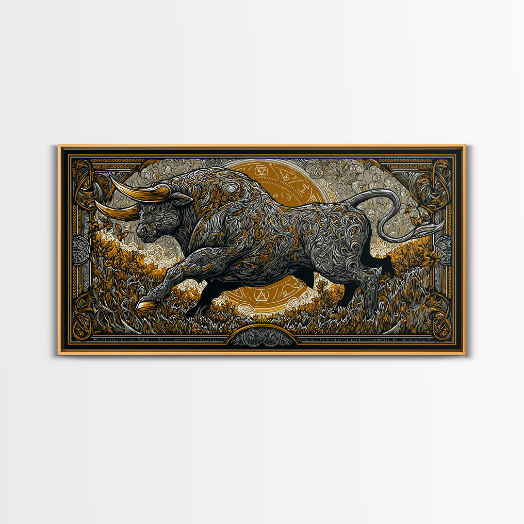 Golden Bull In Ornate Frame, Gold Canvas Art, Real Wood Frame, Symbolic Animal Wall Decor, Strength And Power
