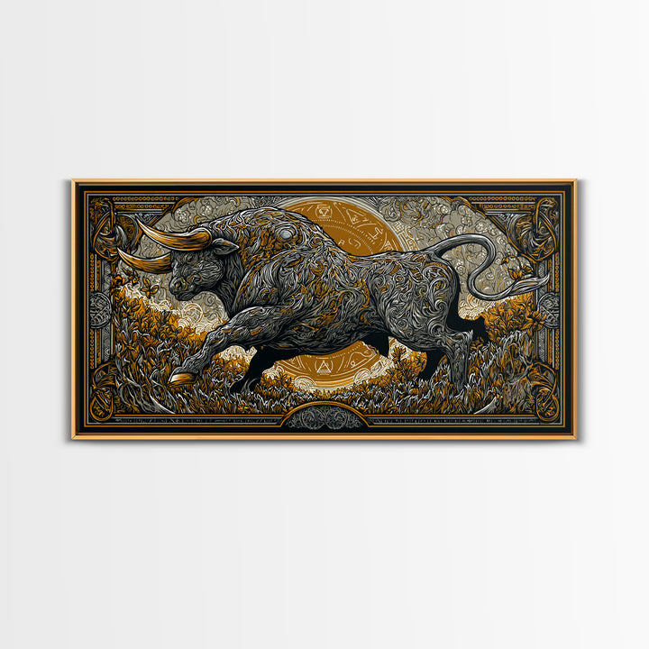 Golden Bull In Ornate Frame, Gold Canvas Art, Real Wood Frame, Symbolic Animal Wall Decor, Strength And Power