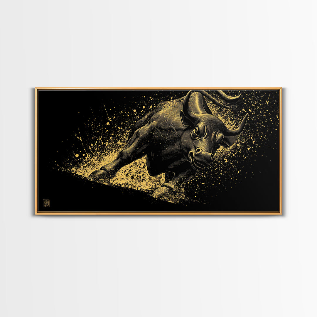 Charging Golden Bull, Gold Canvas Print, Real Wood Frame, Dynamic Animal Wall Art, Powerful Bull Illustration