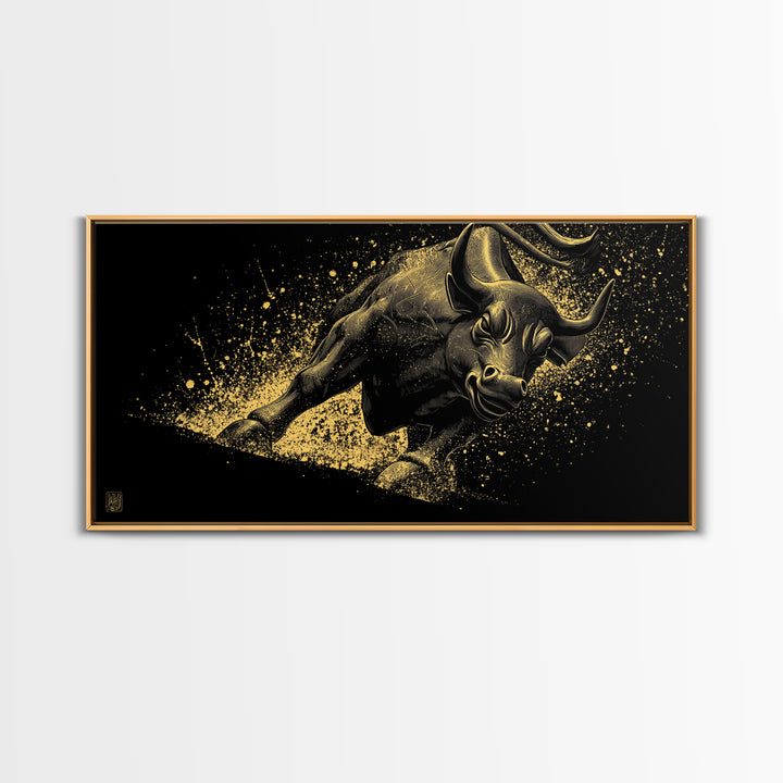 Charging Golden Bull, Gold Canvas Print, Real Wood Frame, Dynamic Animal Wall Art, Powerful Bull Illustration