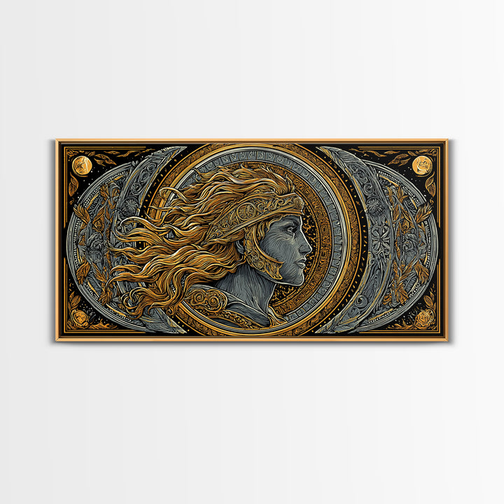 Greek God Profile Illustration, Flowing Hair And Crescent Moons, Gold Canvas Print, Classical Mythology Wall Artwork