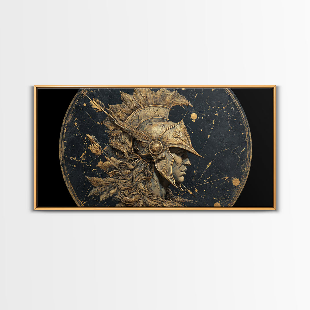 Ancient Warrior Profile Sculpture, Greek Helmet And Feathers, Gold Canvas Art, Classical Relief Wall Decor, Heroic Figure Artwork