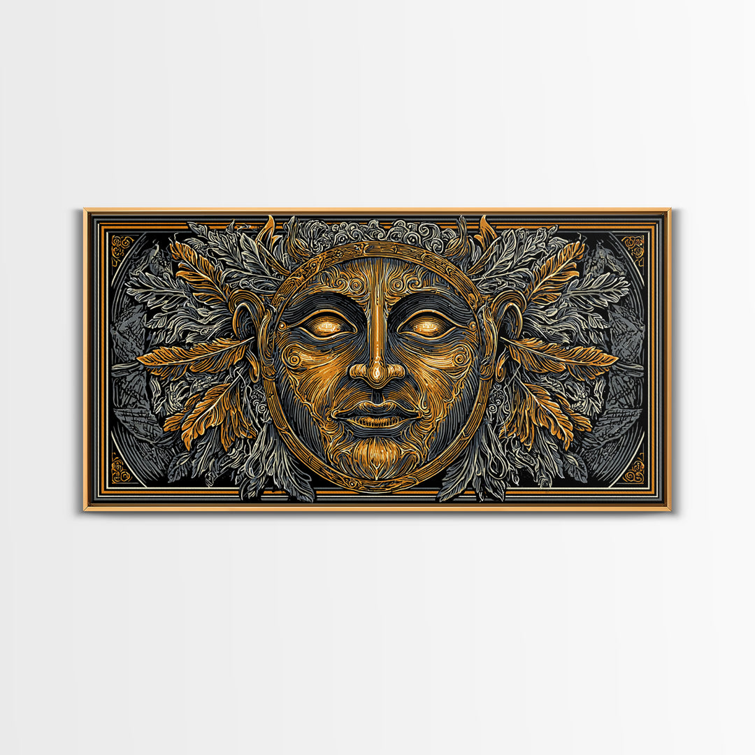 Mythic Sun God Face Artwork, Ornate Leaf And Feather Design, Gold Canvas Print, Ancient Greece Wall Decor, Celestial Art