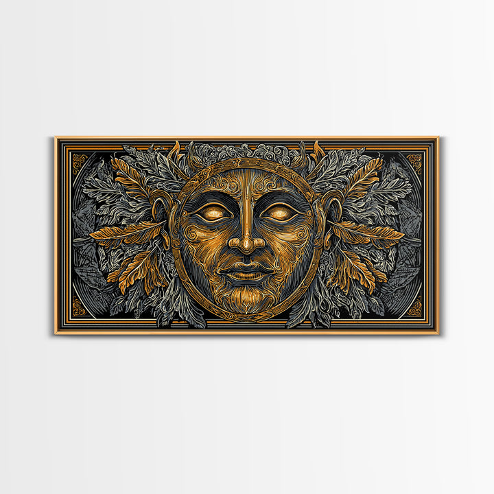 Mythic Sun God Face Artwork, Ornate Leaf And Feather Design, Gold Canvas Print, Ancient Greece Wall Decor, Celestial Art