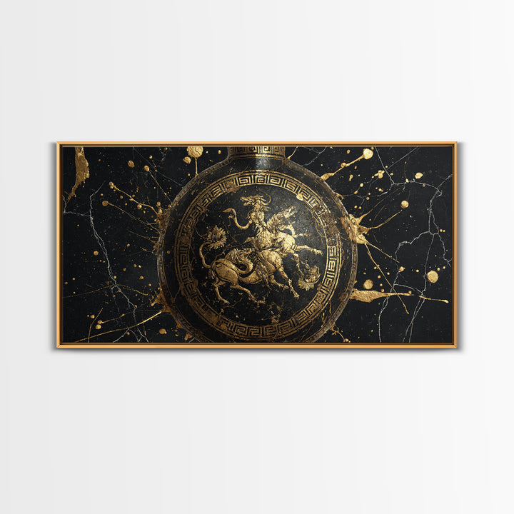Greek Amphora Mythological Battle Scene, Gold Canvas Art, Ancient Greek Pottery Design, Classic Museum Style Wall Decor Print