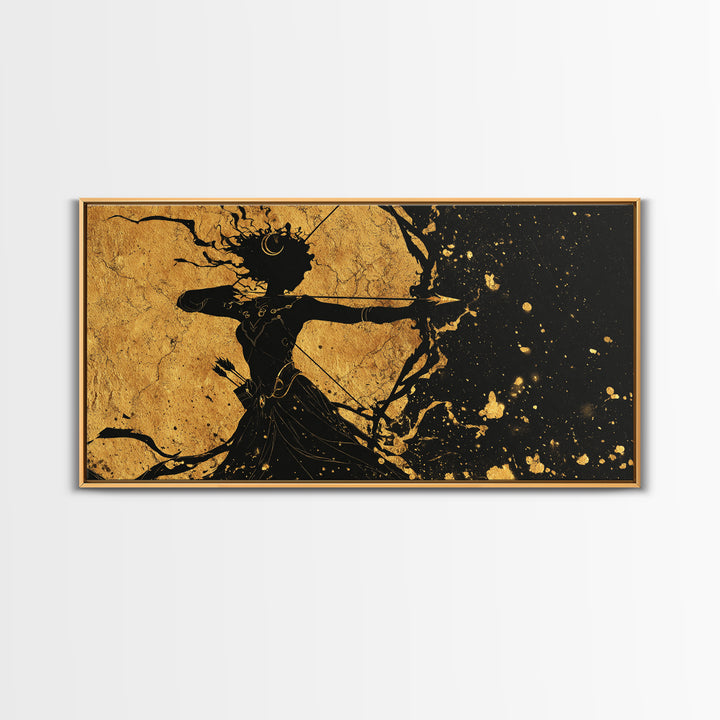 Artemis Goddess Of The Hunt And Moon, Gold Canvas Art, Elegant Greek Mythology Wall Decor, Celestial Classical Home Accent