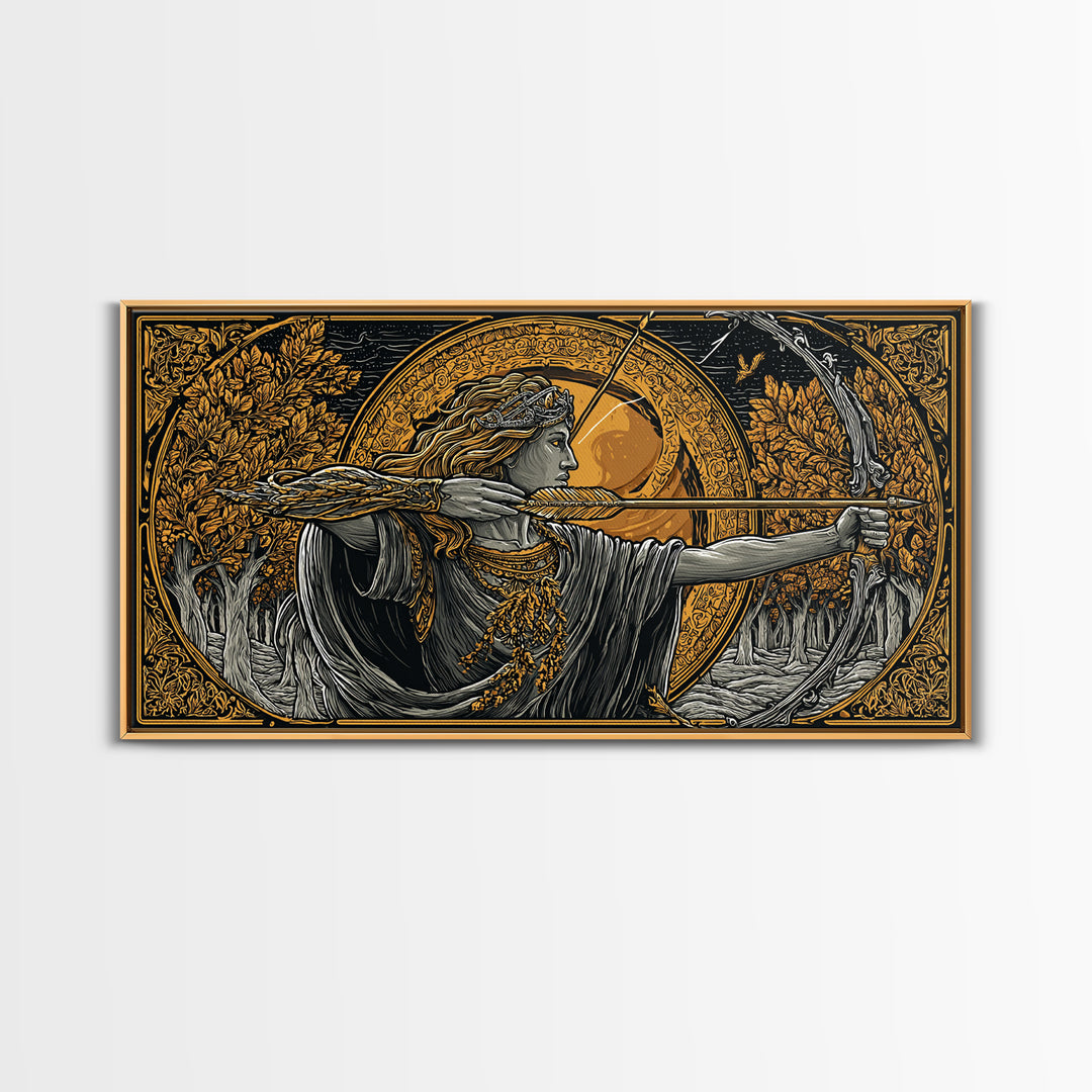 Gold Canvas Art Of Artemis Greek Goddess Archer, Classical Ornate Frame, Mythological Forest Scene, Panoramic Greek Wall Print