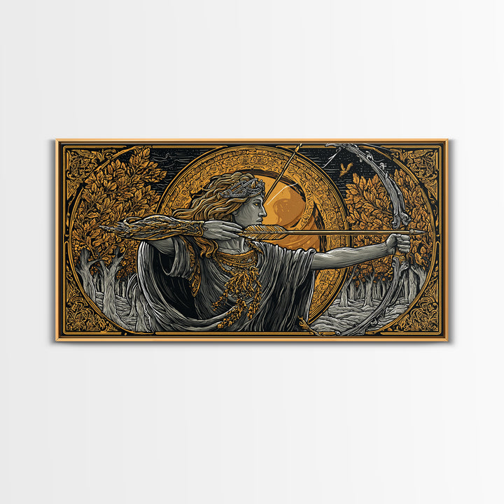 Gold Canvas Art Of Artemis Greek Goddess Archer, Classical Ornate Frame, Mythological Forest Scene, Panoramic Greek Wall Print