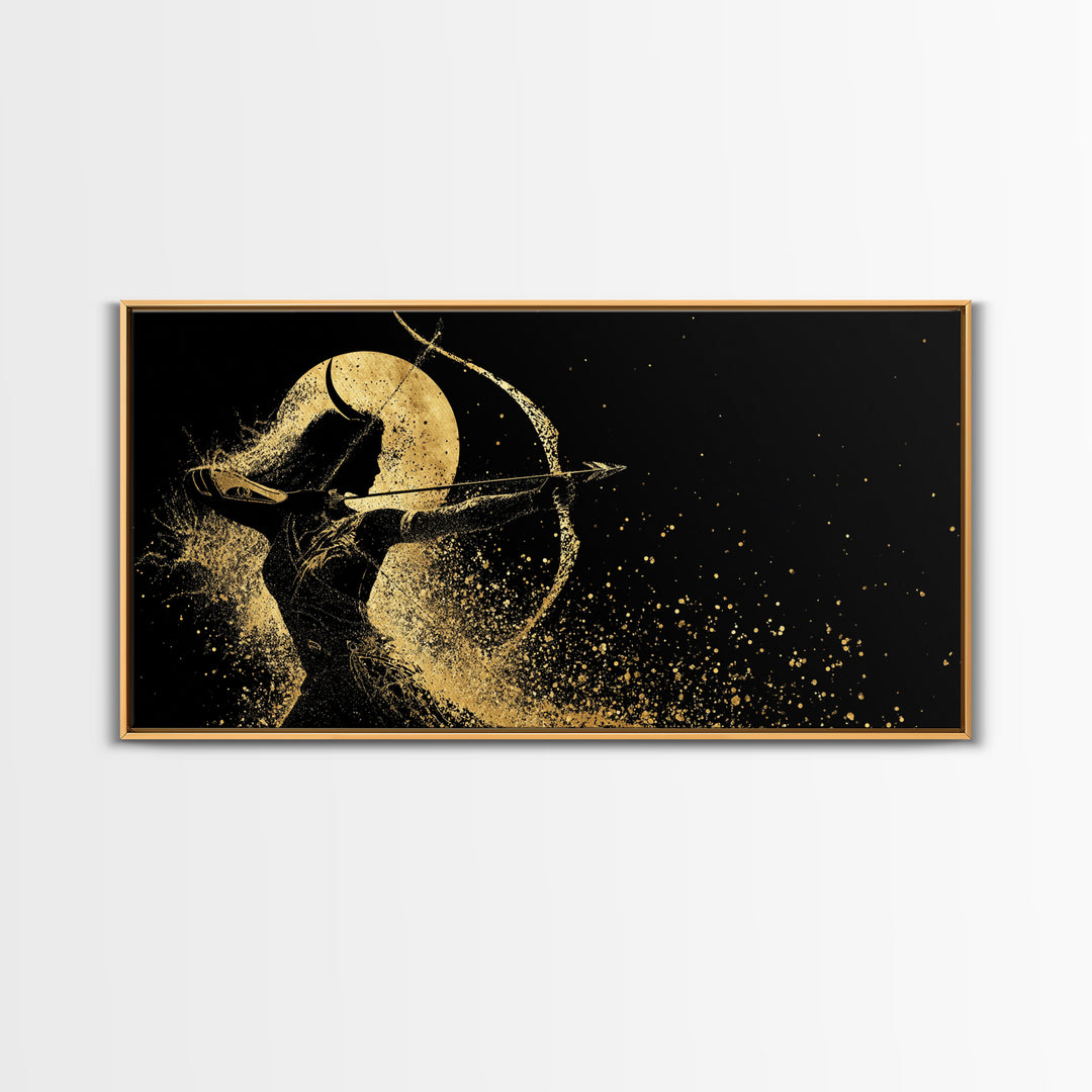 Gold Canvas Print Of Artemis Greek Goddess Archer, Full Moon Silhouette, Gold Splatter Effect, Panoramic Elegant Wall Art