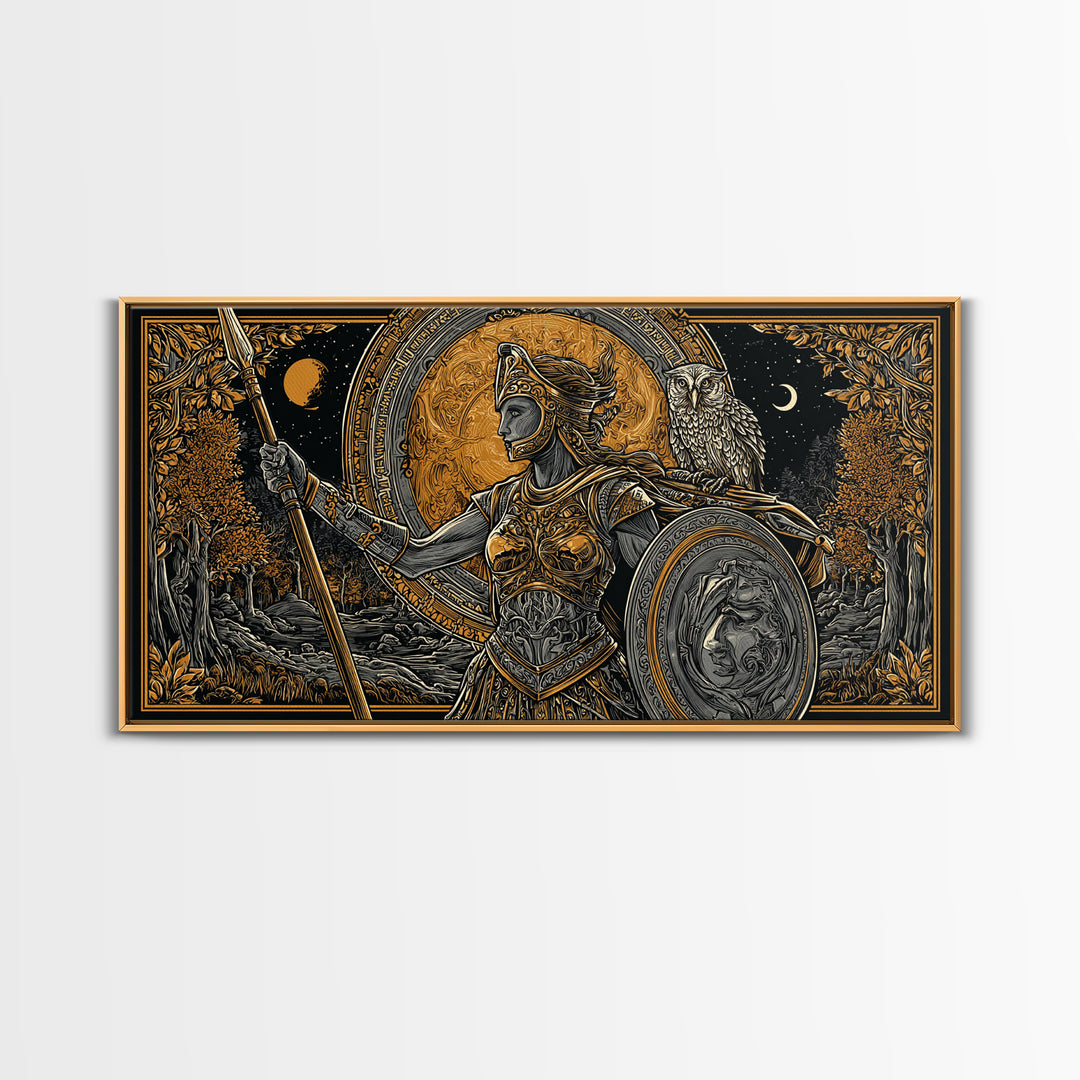 Gold Canvas Print Of Athena Greek Goddess Warrior, Ornate Armor And Owl, Mythology Forest Scene, Panoramic Greek Wall Decor