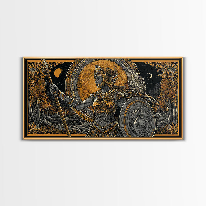 Gold Canvas Print Of Athena Greek Goddess Warrior, Ornate Armor And Owl, Mythology Forest Scene, Panoramic Greek Wall Decor