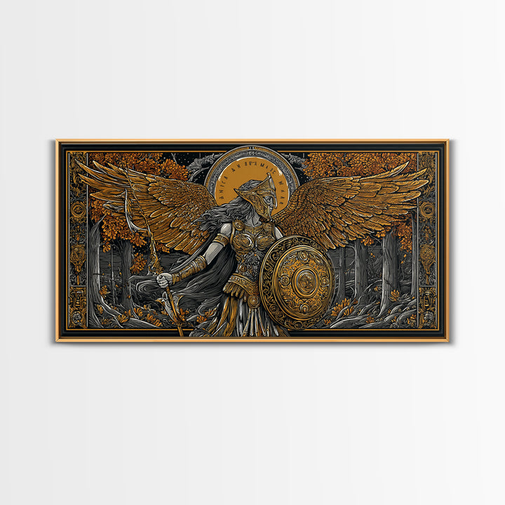 Gold Canvas Art Of Athena Greek Goddess Warrior With Wings, Detailed Shield And Spear, Golden Forest Scene, Panoramic Wall Print