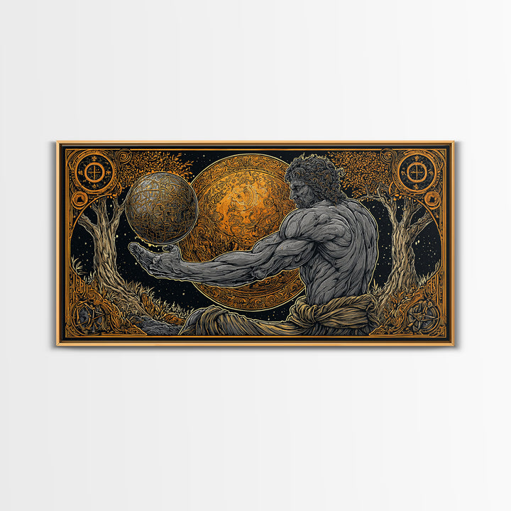 Gold Canvas Print Of Atlas Greek Titan Holding Celestial Sphere, Mythology Cosmic Scene, Panoramic Detailed Greek Wall Art