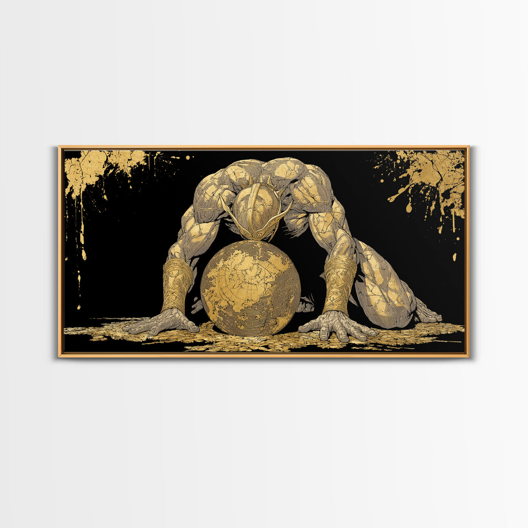 Gold Canvas Art Of Atlas Greek Titan Bearing The World, Gold Crackle Effect, Mythology Strength Scene, Panoramic Ancient Wall Print