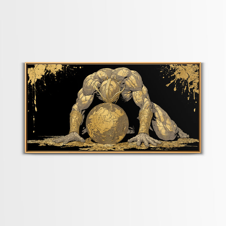 Gold Canvas Art Of Atlas Greek Titan Bearing The World, Gold Crackle Effect, Mythology Strength Scene, Panoramic Ancient Wall Print
