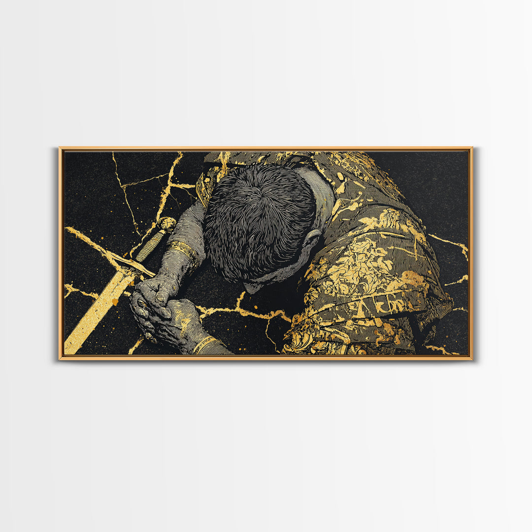Gold Canvas Print Of Cassius Greek Warrior Kneeling With Sword, Gold Crackle Armor Detail, Panoramic Mythology Wall Artwork
