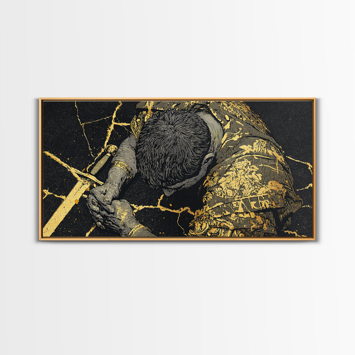 Gold Canvas Print Of Cassius Greek Warrior Kneeling With Sword, Gold Crackle Armor Detail, Panoramic Mythology Wall Artwork