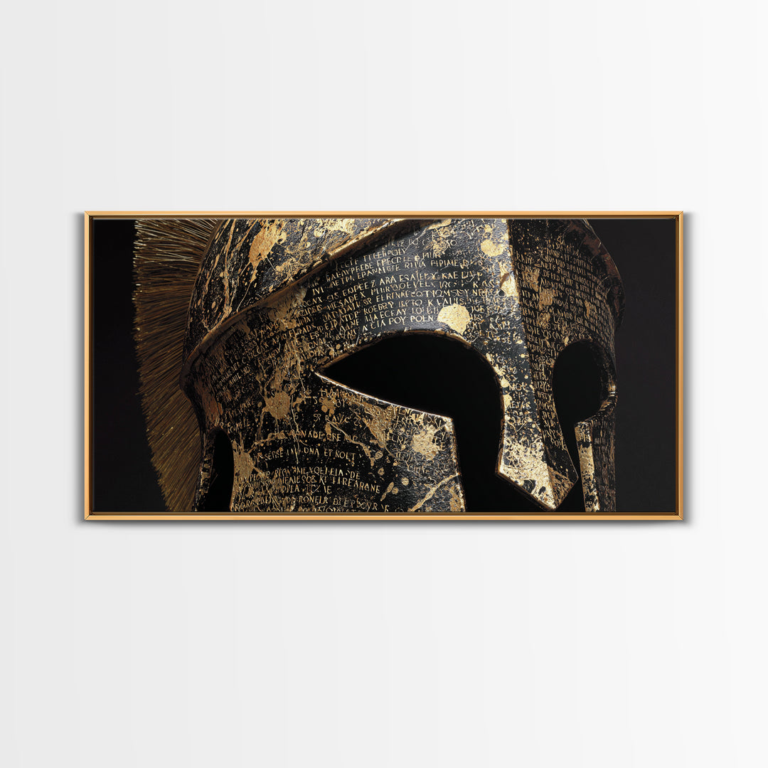 Gold Canvas Print, Corinthian Greek Helmet, Ancient Warrior Armor Wall Art, Black and Gold Historical Decor, Mythic Design