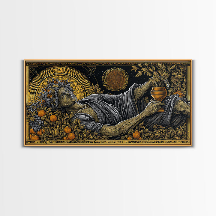 Gold Canvas Art, Dionysus God of Revelry, Greek Mythology Wall Art, Bacchus Celebration Scene, Black and Gold Luxury Canvas Print