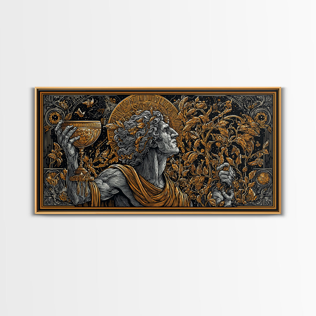 Gold Canvas Art, Dionysus God of Ecstasy, Greek Mythology Wall Scene, Bacchanalia Festival Theme, Black and Gold Canvas Wall Print