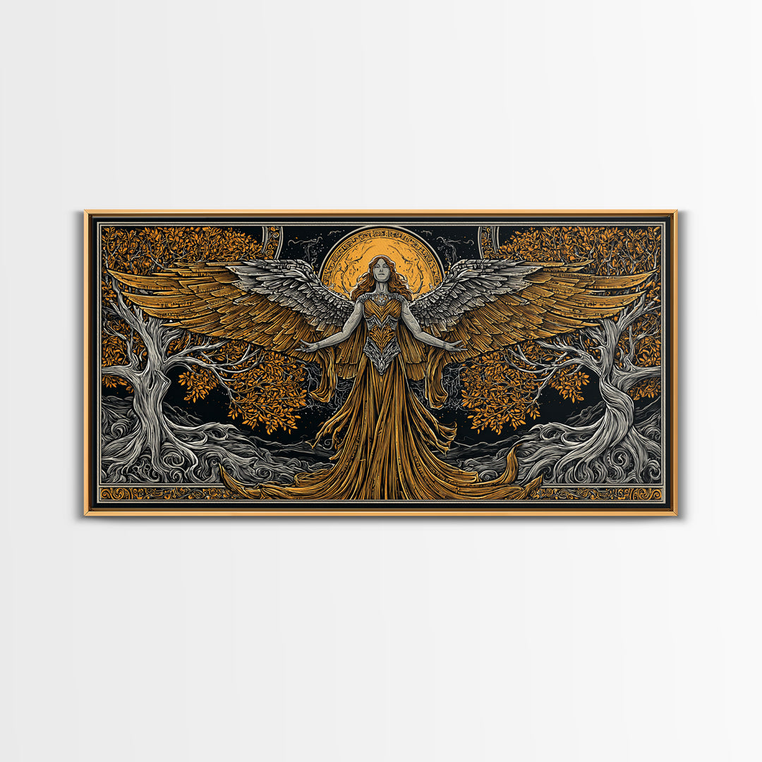 Gold Canvas Print, Eos Goddess of Dawn, Greek Mythology Wall Art, Sunrise Personification Scene, Black and Gold Luxury Decor