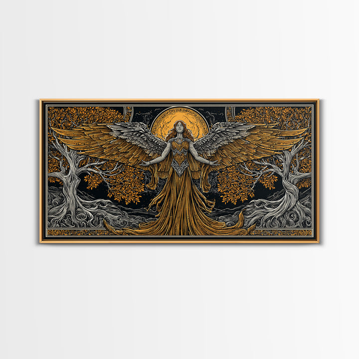 Gold Canvas Print, Eos Goddess of Dawn, Greek Mythology Wall Art, Sunrise Personification Scene, Black and Gold Luxury Decor