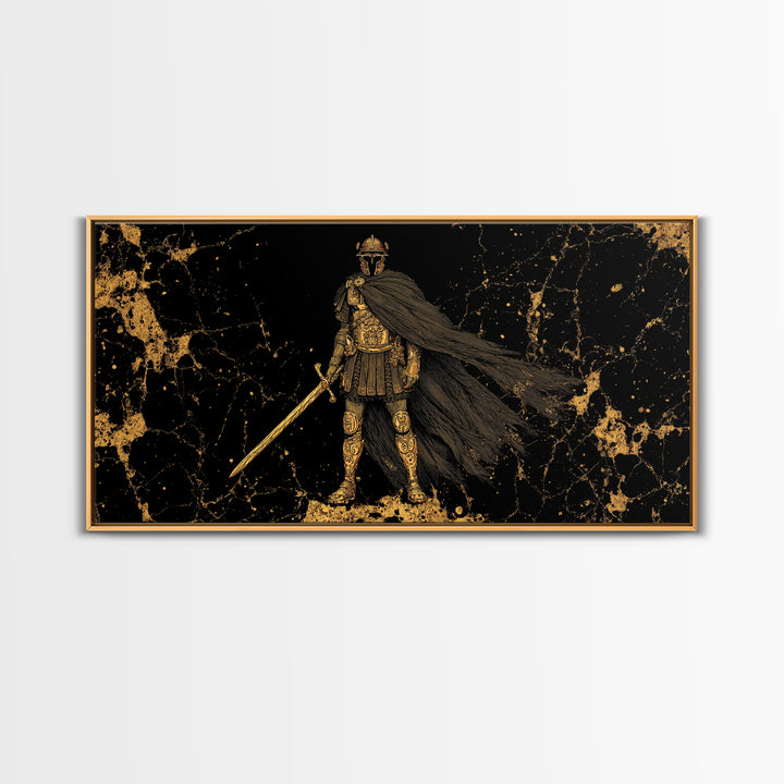 Flavius Gold Canvas Print, Roman Warrior Wall Art, Ancient Soldier Decor, Real Wood Frame, Luxury Canvas Artwork For Office