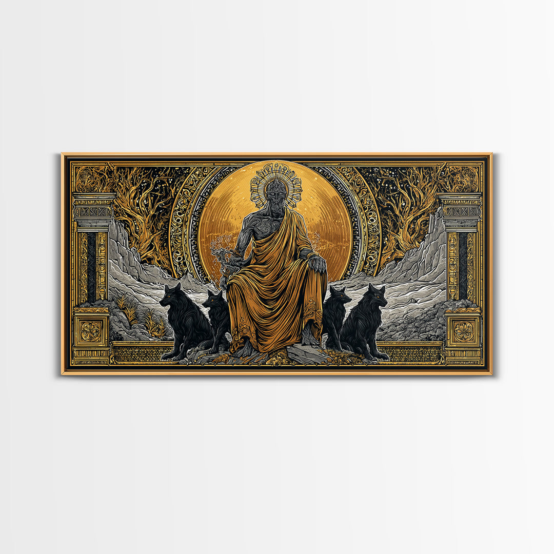 Hades Gold Canvas Print, Greek God Of Underworld Wall Art, Cerberus Mythology Decor, Real Wood Frame, Luxury Canvas Wall Hanging