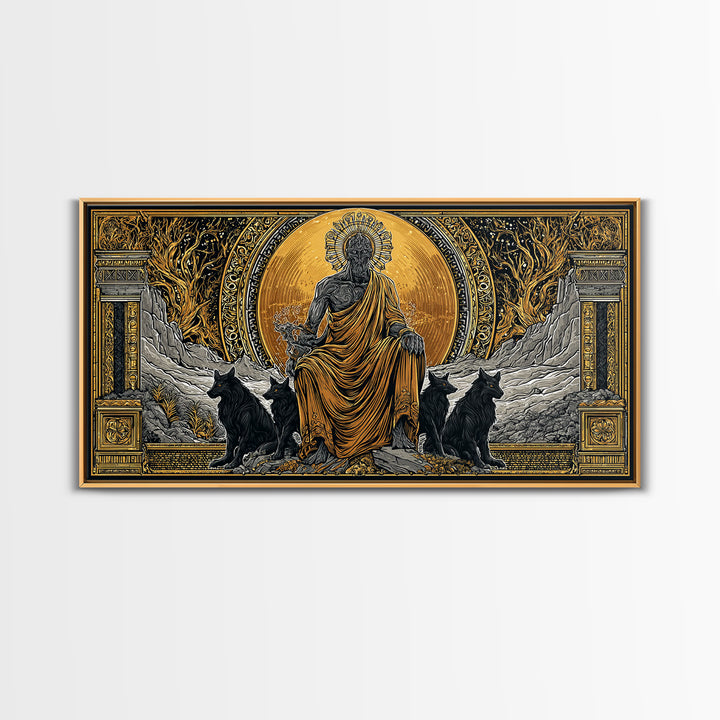 Hades Gold Canvas Print, Greek God Of Underworld Wall Art, Cerberus Mythology Decor, Real Wood Frame, Luxury Canvas Wall Hanging