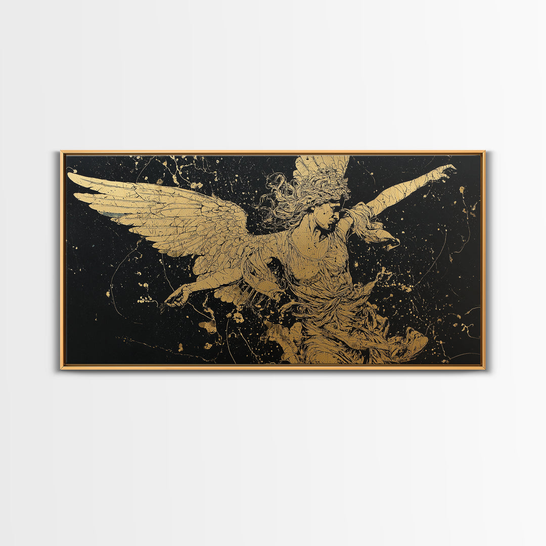 Nike Gold Canvas Art, Greek Goddess Wall Decor, Luxury Mythology Wall Hanging, Real Wood Frame Print, Gold Winged Figure Artwork