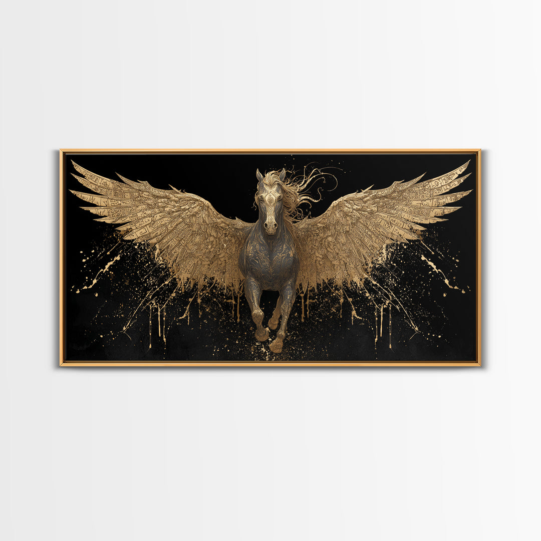 Pegasus Gold Canvas Print, Greek Mythology Wall Art, Luxury Flying Horse Decor, Real Wood Frame Artwork, Elegant Winged Stallion