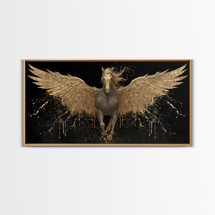 Pegasus Gold Canvas Print, Greek Mythology Wall Art, Luxury Flying Horse Decor, Real Wood Frame Artwork, Elegant Winged Stallion