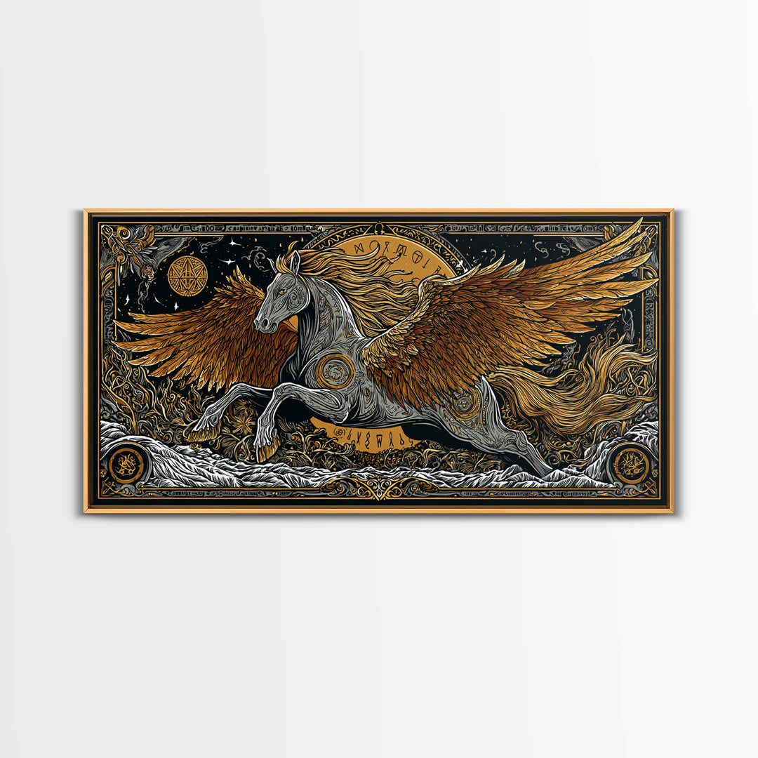 Pegasus Gold Canvas Art, Greek Mythology Wall Decor, Luxury Flying Horse Wall Hanging, Real Wood Frame Print, Elegant Winged Stallion
