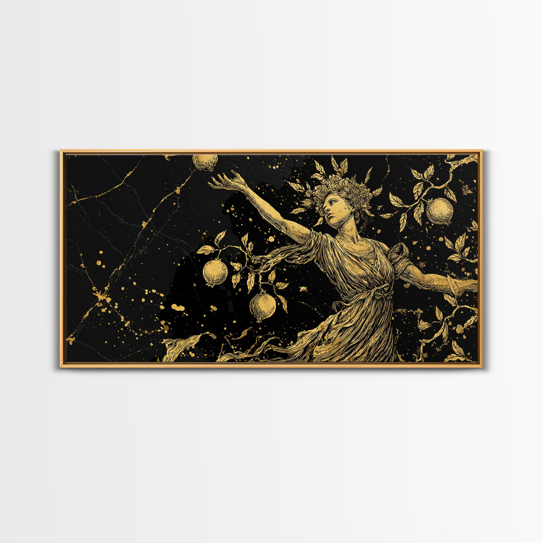Persephone Gold Canvas Print, Greek Goddess Wall Art, Luxury Mythology Decor, Real Wood Frame Artwork, Elegant Harvest Goddess