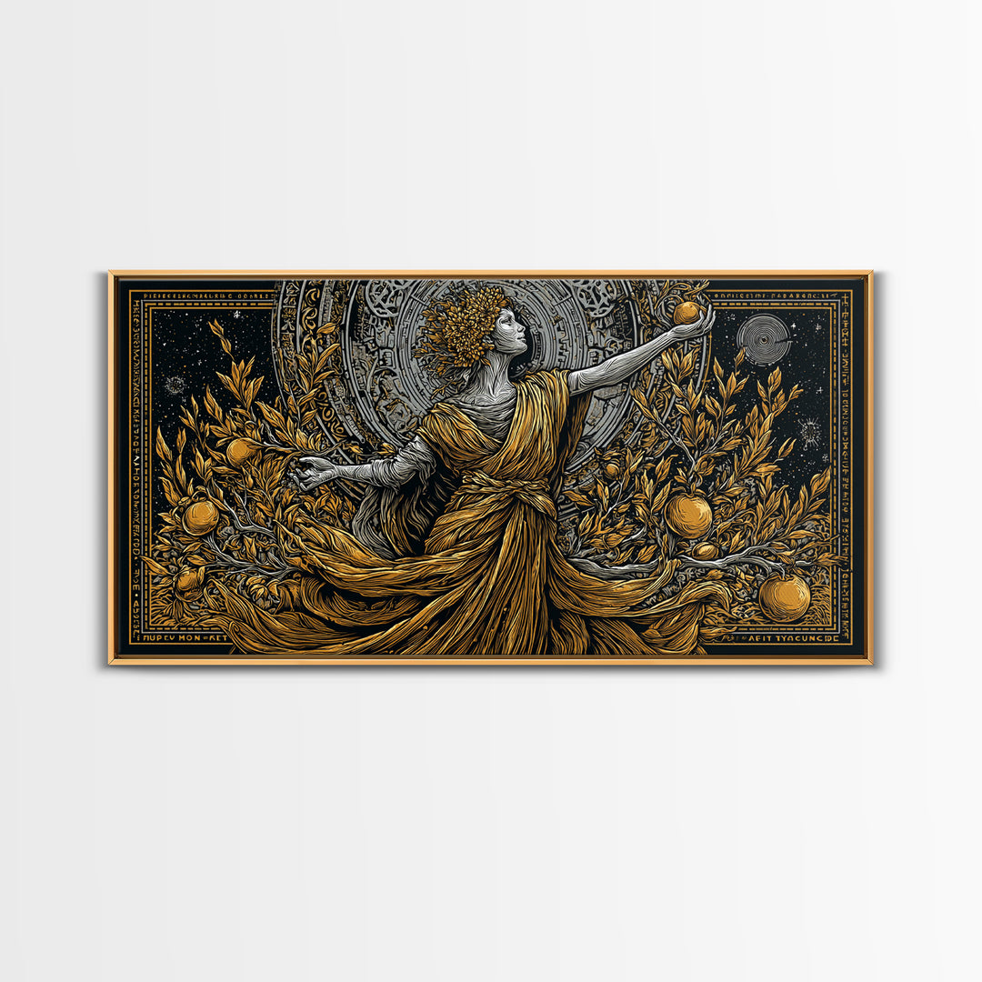 Persephone Gold Canvas Art, Greek Goddess Wall Decor, Luxury Mythology Wall Hanging, Real Wood Frame Print, Elegant Harvest Goddess