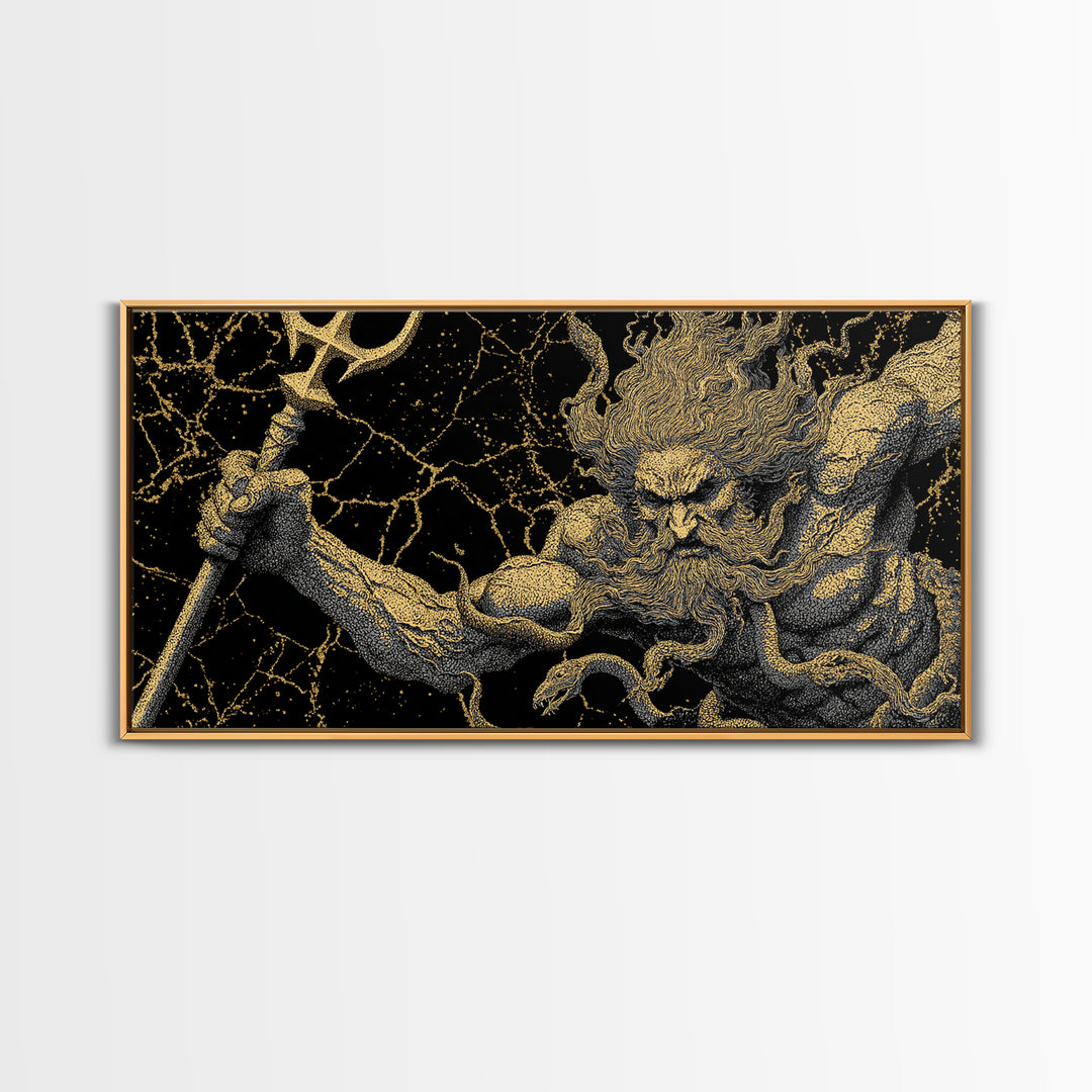 Poseidon Greek God Of The Sea Gold Canvas Print, Mythology Wall Art, Real Wood Frame, Ocean Decor, Nautical Gift
