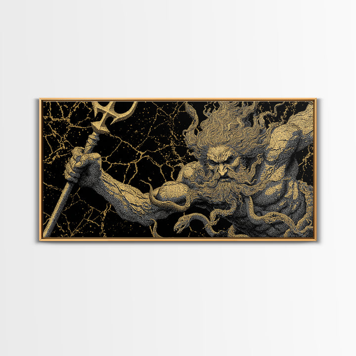 Poseidon Greek God Of The Sea Gold Canvas Print, Mythology Wall Art, Real Wood Frame, Ocean Decor, Nautical Gift