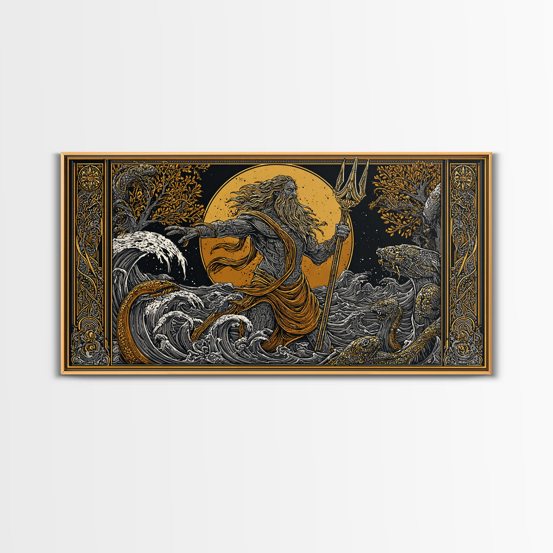 Poseidon Ocean Power Gold Canvas Art, Greek God Canvas Print, Sea Mythology Wall Decor, Real Wood Frame, Coastal Gift