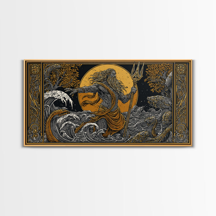 Poseidon Ocean Power Gold Canvas Art, Greek God Canvas Print, Sea Mythology Wall Decor, Real Wood Frame, Coastal Gift