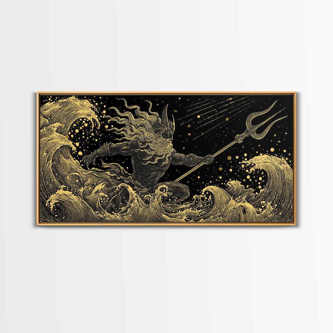 Poseidon Sea Serpent Battle Gold Canvas Print, Greek Mythology Wall Art, Real Wood Frame, Ocean Lover Gift