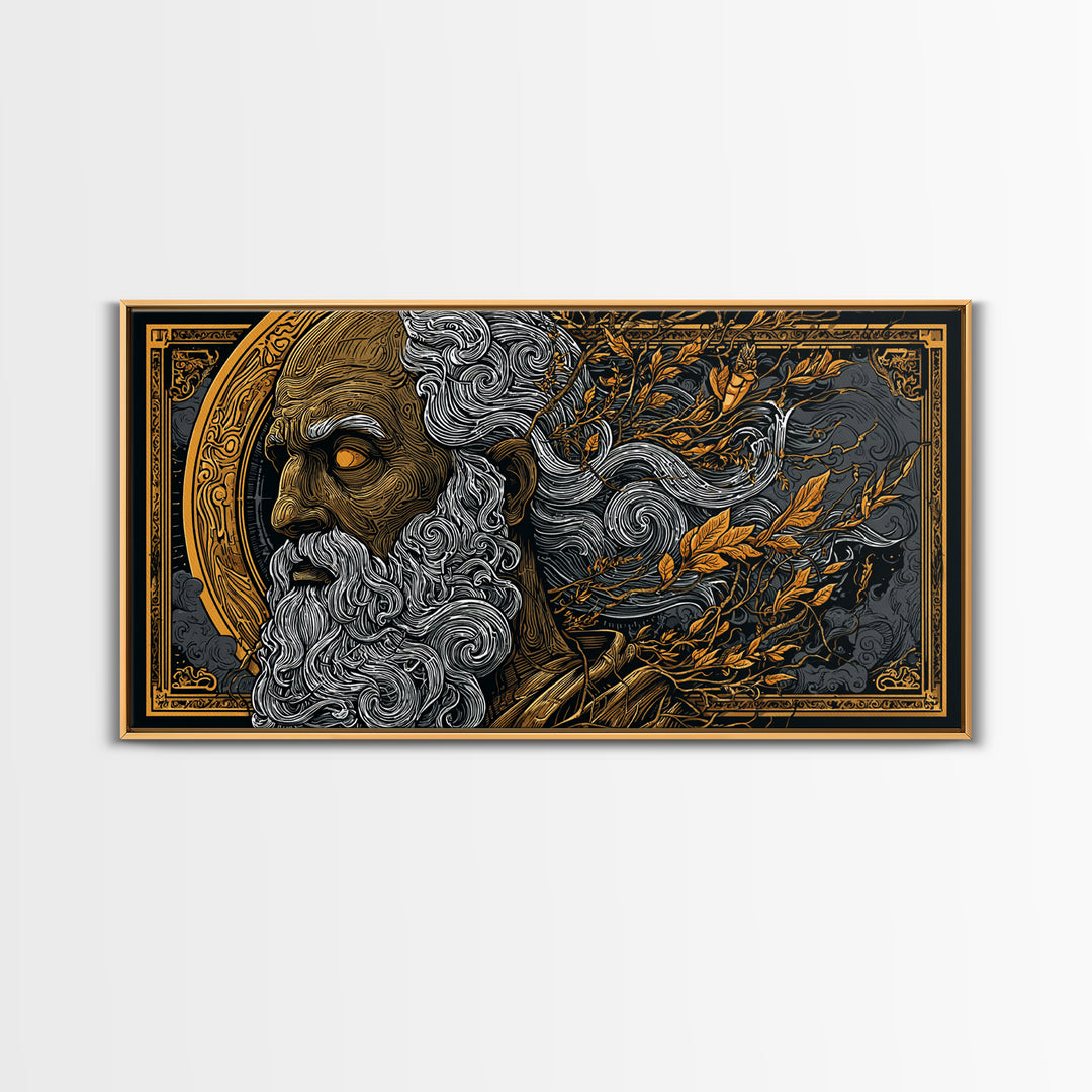 Socrates Gold Canvas Print, Real Wood Framed Greek Philosophy Wall Art, Luxury Mythology Inspired Canvas Artwork