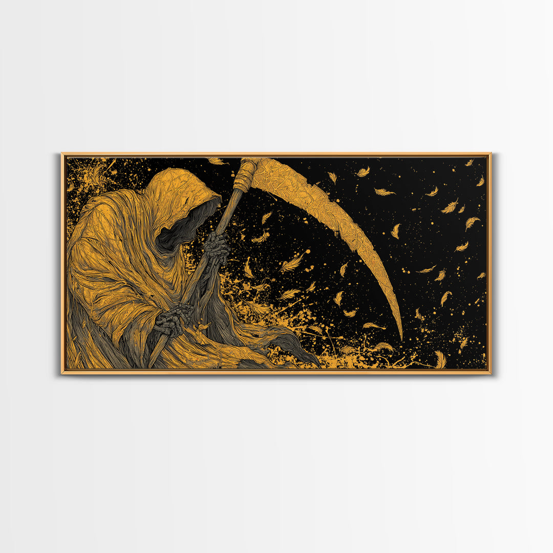 Thanatos Gold Canvas Print, Real Wood Framed Greek Myth Wall Decor, Death Scythe Dark Art Luxury Canvas Wall Artwork
