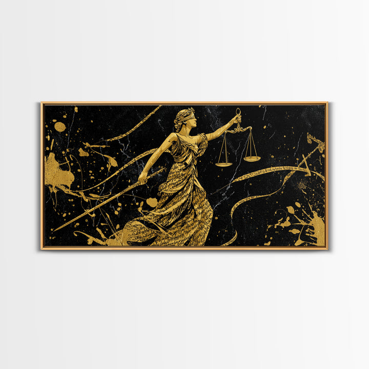 Themis Gold Canvas Print, Real Wood Framed Greek Justice Wall Art, Scales Of Justice Mythology Inspired Canvas Artwork