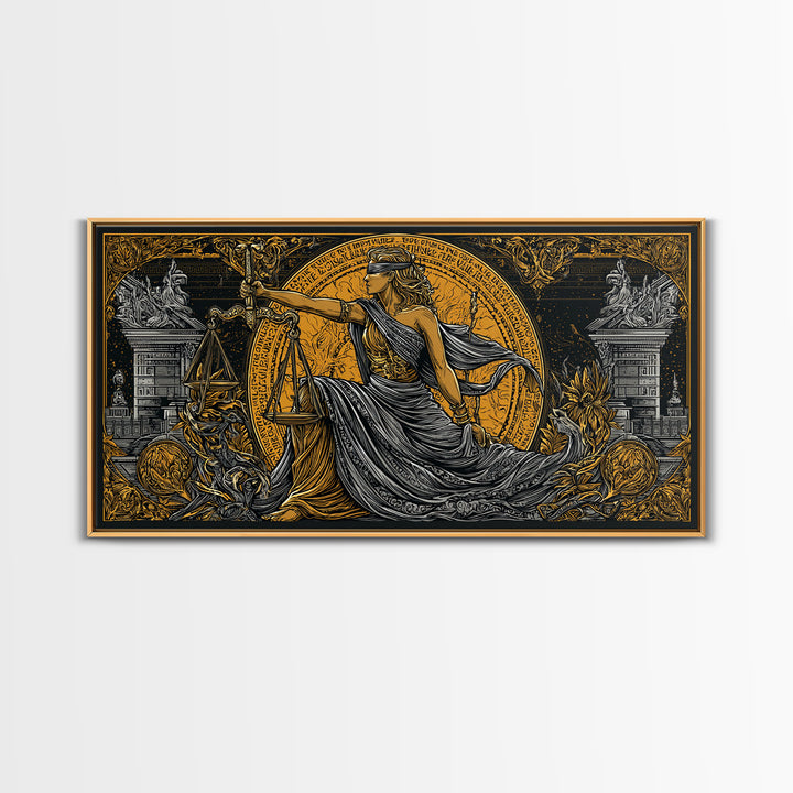 Themis Gold Canvas Print, Real Wood Framed Greek Justice Wall Decor, Blindfolded Lady With Scales Canvas Wall Artwork