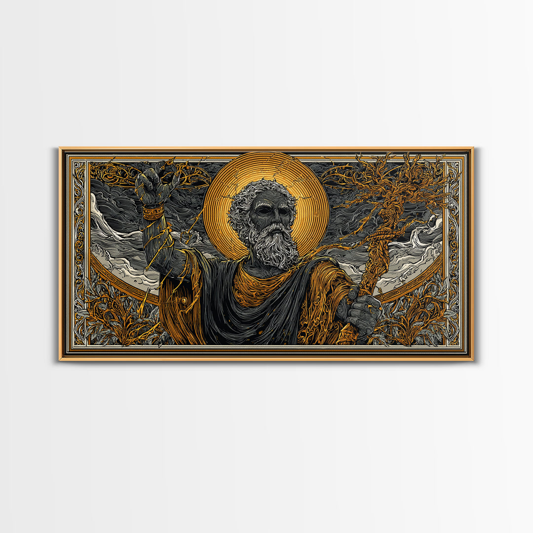 Zeus Gold Canvas Print, Real Wood Framed Greek God Of Thunder Wall Art, Lightning Bolt Mythology Decorative Canvas Artwork