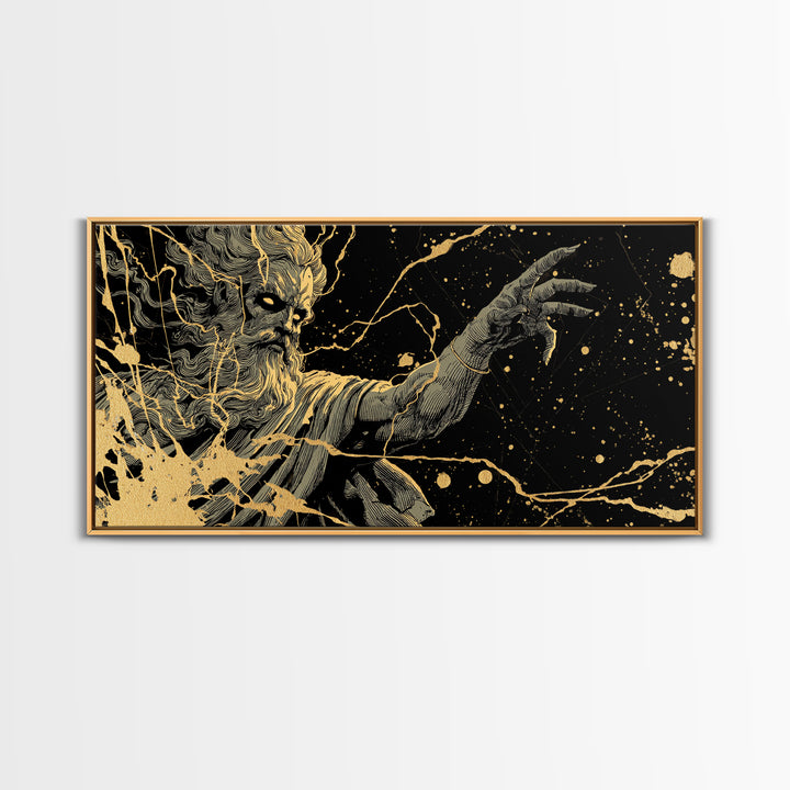 Zeus Gold Canvas Print, Real Wood Framed Greek Myth Wall Art, Lightning And Storm Luxury Decorative Canvas Artwork