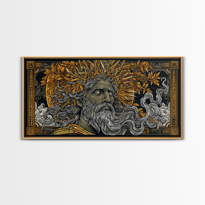 Zeus Gold Canvas Print, Real Wood Framed Greek Mythology Wall Decor, Bearded Figure With Lightning Bolt Canvas Artwork