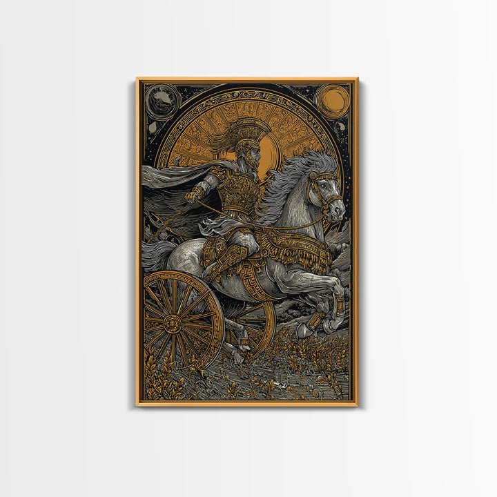 Roman Chariot Warrior with Celestial Disc – Canvas Gold Art Print, Classical Battle Scene Canvas Art, Ancient Rome Wall Decor