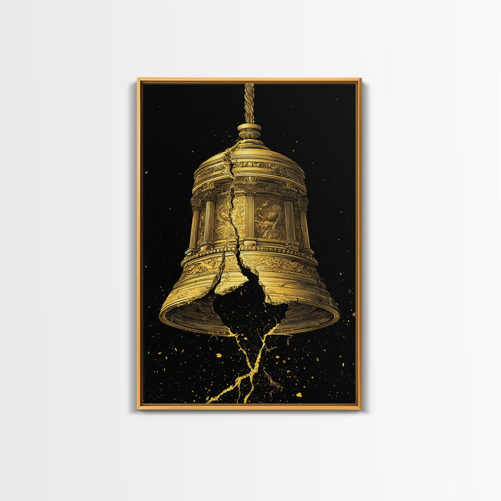 Golden Cracked Bell – Canvas Gold Canvas Print – Ancient Greek Inspired Wall Art with Real Wood Frame for Classical Decor