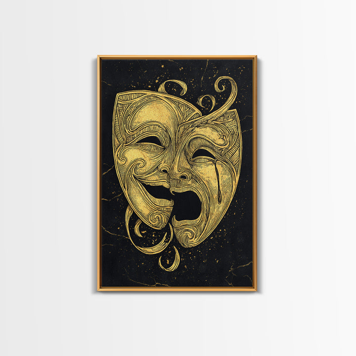 Comedy and Tragedy Theater Masks Canvas Gold Canvas Print – Dramatic Wall Art with Real Wood Frame for Home or Studio